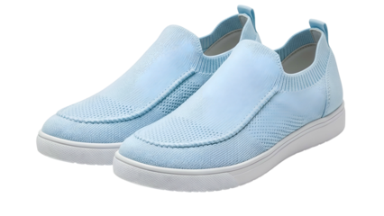 Pair of light blue knitted slip on casual footwear displayed against a dark background