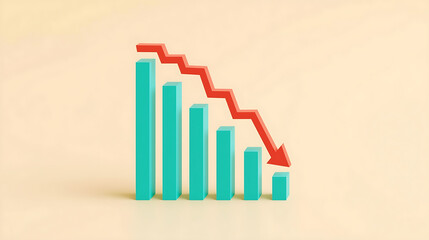 3D illustration depicting a declining bar chart that represents business or financial loss, featuring turquoise blue bars diminishing from left to right, complemented by a red downward zigzag arrow on