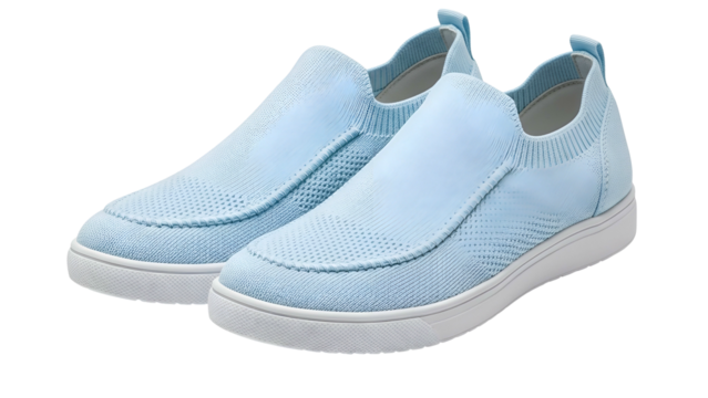 Pair of light blue knitted slip on casual footwear displayed against a dark background