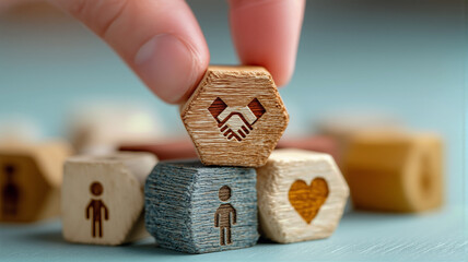 Hand building connection, partnership, and teamwork with icon cubes