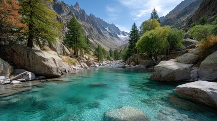 Crystal clear glacier fed stream meanders through a rugged mountain landscape with rocky shores and lush green trees under a bright blue sky on a sunny day
