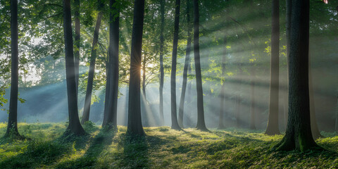 Enchanting deep forest scene sunlight rays piercing through lush green canopy