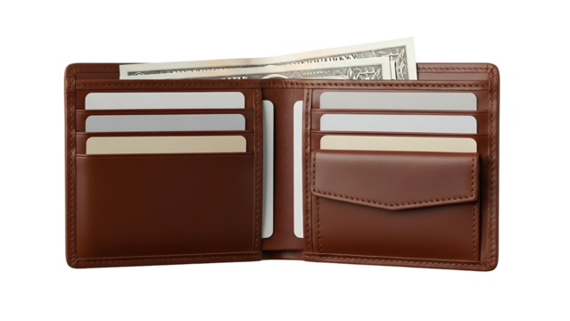 Open brown leather wallet displaying inserted currency and various blank cards against a dark background