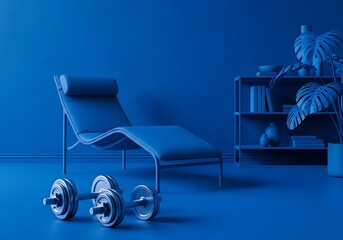 Modern blue chaise lounge and dumbbells in a minimalist room