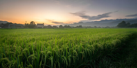 Serene green rice fields bathed in the warm glow of sunset in a rural village