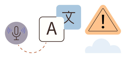 Microphone icon linked to letters and translation symbols next to a warning triangle. Ideal for language processing, translation, error alerts, communication tools, accessibility, AI interface