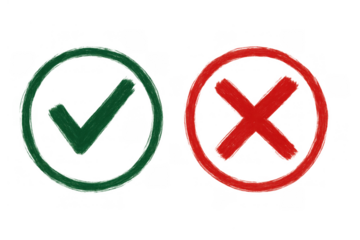 Green check mark and red cross mark icons drawing, indicating approval, validation, error, or rejection