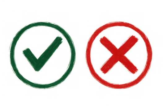 Green check mark and red cross mark icons drawing, indicating approval, validation, error, or rejection