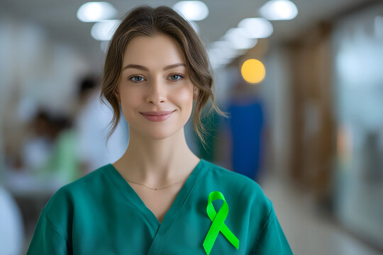 Smiling female medical professional in green scrubs wearing a bright lime green awareness ribbon in a hospital or clinic.