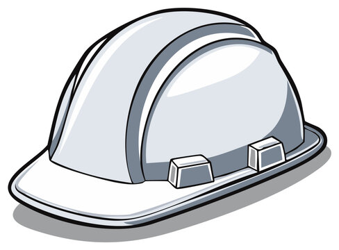 White hard hat, construction worker safety helmet, protective headgear for industrial construction workers