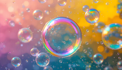 Vibrant rainbow soap bubbles float magically in a dreamy, colorful bokeh wonderland, evoking joy and wonder for celebrations and abstract themes.