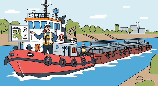 River Transport Illustration: Tugboat guiding barges along scenic waterway navigation