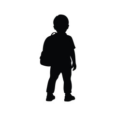 Silhouette of a little boy with a backpack preparing for school, child with backpack silhouette vector illustration