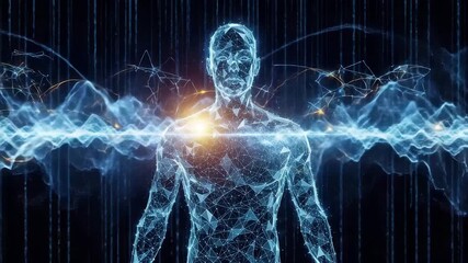 Abstract digital human form with glowing energy waves and network connections - Powered by Adobe