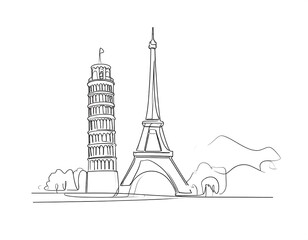 Obraz premium Line art drawing of iconic European landmarks, the Eiffel Tower and leaning tower