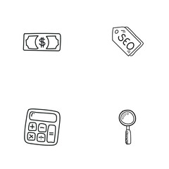 Hand Drawn SEO & Business Icons Set – Money, Tag, Calculator & Magnifier Sketch
