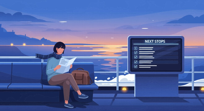 Woman reads a brochure while waiting for departure with mesmerizing twilight view