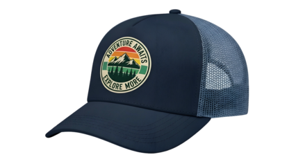 Dark blue mesh back baseball cap displays a circular patch with a mountain scene and motivational text