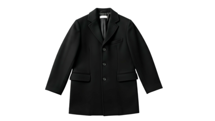 Minimalist black mid-length overcoat displayed against a stark black background