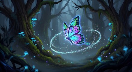 Fantasy Glowing Butterfly in Dark Forest
