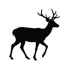 Silhouette of a majestic stag with large antlers gracefully walking across a field, deer walking silhouette vector illustration
