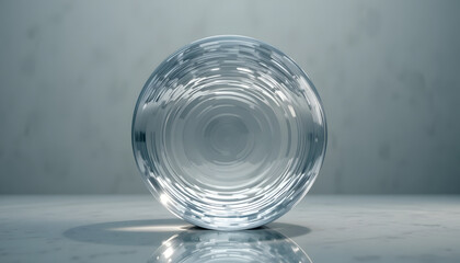Captivating crystal sphere with intricate concentric rings, reflecting brilliant light and casting a soft shadow on a minimalist surface.