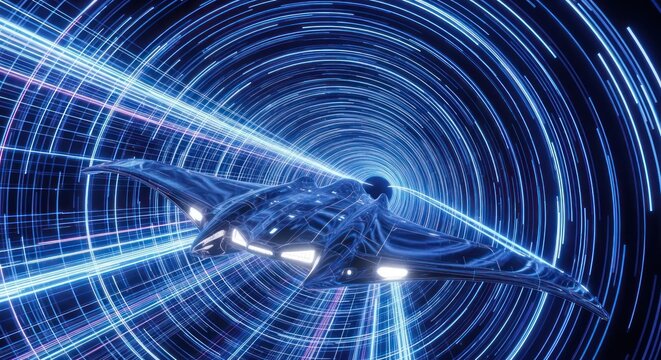 Futuristic aircraft speeds through a luminous wormhole with incredible velocity and vibrant blue - Powered by Adobe