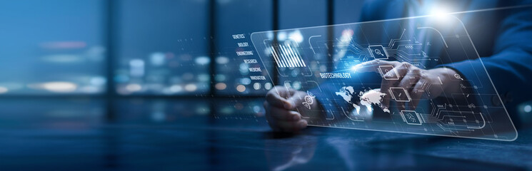 Biotechnology. Scientists using a modern interface researching biotechnology innovation. Genetic engineering drives medical breakthroughs, sustainable agriculture, and environmental protection.