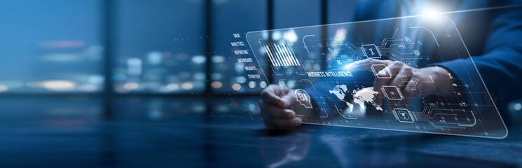 Business Intelligence. executives using a modern interface visualizing business intelligence dashboards. Data-driven insights support strategy, innovation, and long-term business growth.