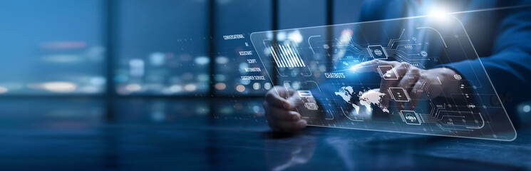 Chatbots. Customer service agents using a modern interface deploying chatbots. AI communication enhances customer support, reduces workload, and improves user satisfaction.