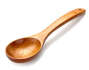 Overhead shot of a single wooden spoon, light brown with shadow, isolated