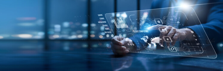 Cloud Computing. IT professionals using a modern interface to manage cloud computing services. Scalable infrastructure boosts collaboration, storage efficiency, and remote accessibility.