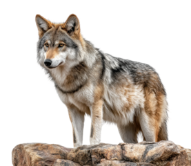 Wolf standing on rocks nature wildlife side view isolated on transparent background