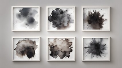 Six framed abstract black ink paintings on a light gray wall indoors