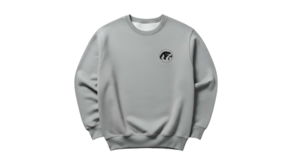 Plain light gray long sleeve pullover garment displays a small circular black and white emblem on the chest