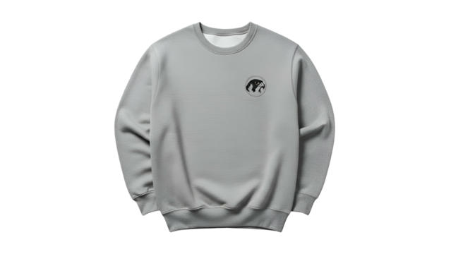 Plain light gray long sleeve pullover garment displays a small circular black and white emblem on the chest