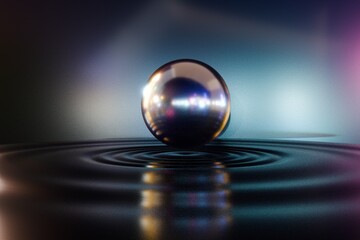 Soft neon reflections on a chrome sphere above calm circular ripples.