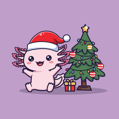 Cute Cartoon Axolotl in Santa Hat Beside Christmas Tree – Vector Illustration of Whimsical Holiday Scene