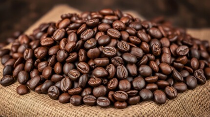 Roasted Coffee Beans on Rustic Sack: A close-up showcases a pile of freshly roasted coffee beans, their rich brown hues and tantalizing aroma suggesting warmth and comfort.
