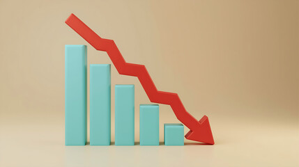 3D illustration depicting a declining bar chart that represents business or financial loss, featuring turquoise blue bars diminishing from left to right, complemented by a red downward zigzag arrow on