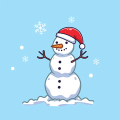 Cute Cartoon Snowman in Santa Hat with Raised Arms – Vector Illustration of Whimsical Winter Character