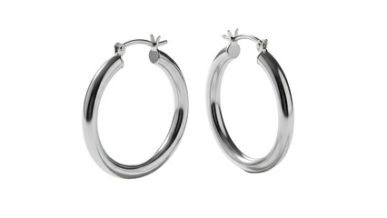 Pair of polished silver hoop earrings rendered on a solid black background
