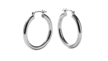 Pair of polished silver hoop earrings rendered on a solid black background