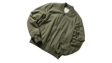 Olive green flight jacket displays ribbed cuffs and a small circular emblem on the sleeve