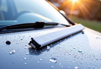 Close-up view of a car hood with water droplets during sunrise, highlighting a windshield wiper blade resting on the wet surface under the warm morning light