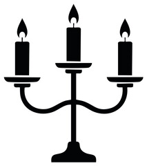 Fototapeta premium Elegant three armed candelabra with lit burning candles black silhouette icon