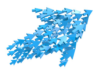 A powerful and dynamic 3D rendering featuring a dense swarm of multiple blue arrows clustering together to form a single, much larger arrow shape that points upwards and to the right.