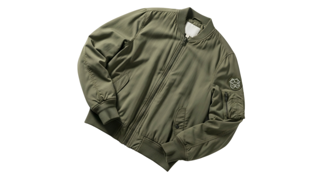 Olive green flight jacket displays ribbed cuffs and a small circular emblem on the sleeve