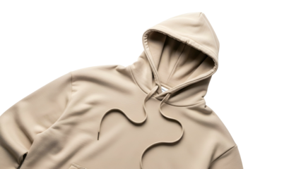 Close up view captures the detail of a light beige hooded garment against a deep black background