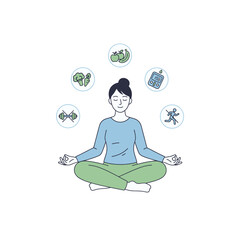 Minimalist flat vector illustration of person meditating with icons of healthy food, glucose meter, and exercise for diabetes balance and self-care